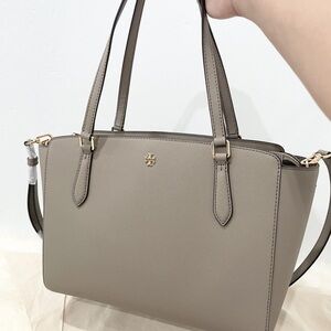 Tory Burch Emerson Small Top Zip Leather Tote Crossbody Strap French Gray-Taupe!